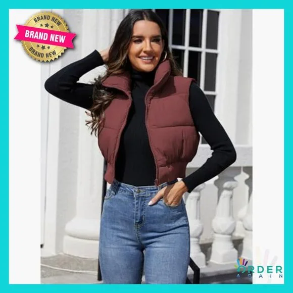 Cropped Puffer Vest Lightweight Quilted Sleeveless Jacket Chic Winter Outerwear - Picture 3 of 7